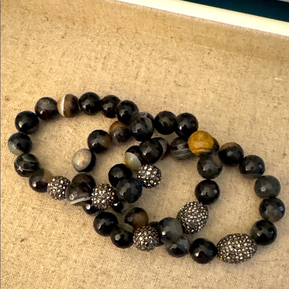 Elegant Black and Brown Beaded Bracelet Set with rhinestones. Set of 3.